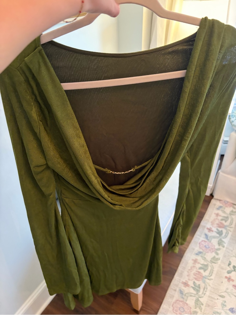 Cider Olive Green Draped Long-Sleeve Dress